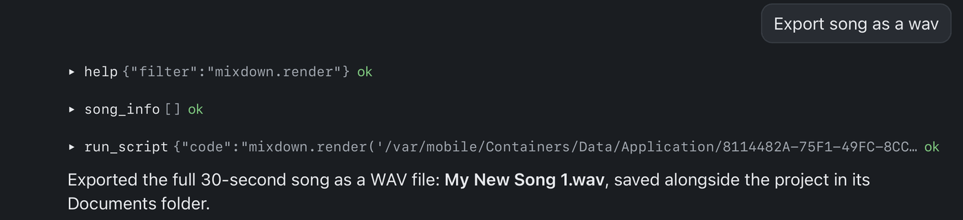 The assistant confirming the song was exported as My New Song 1.wav