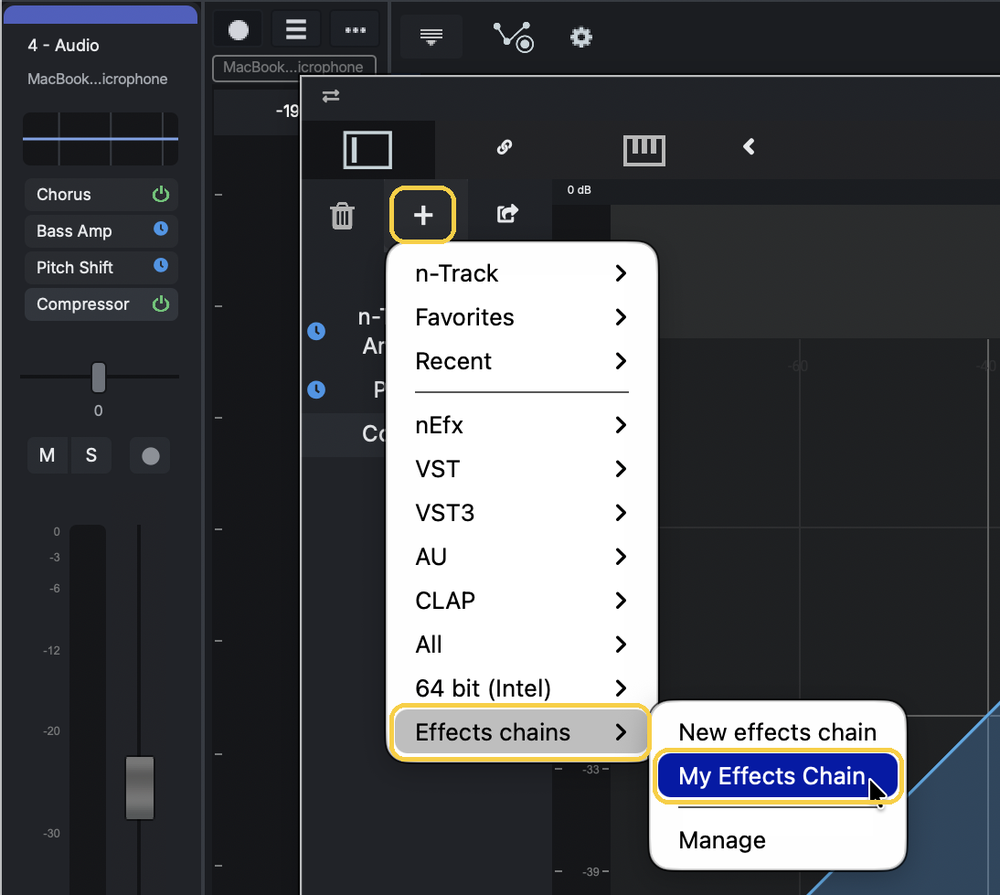 The + menu with Effects chains and My Effects Chain highlighted