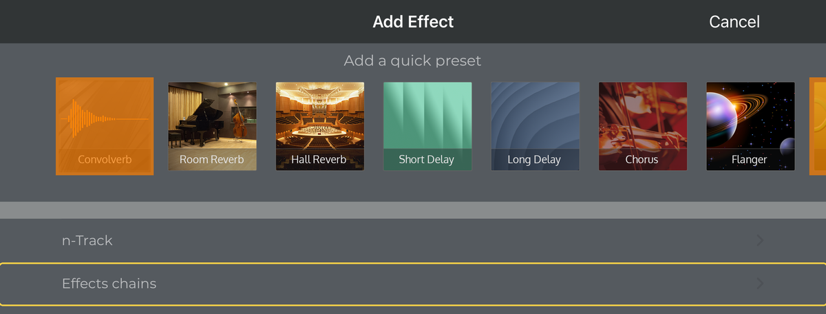 The Add Effect screen with Effects chains highlighted