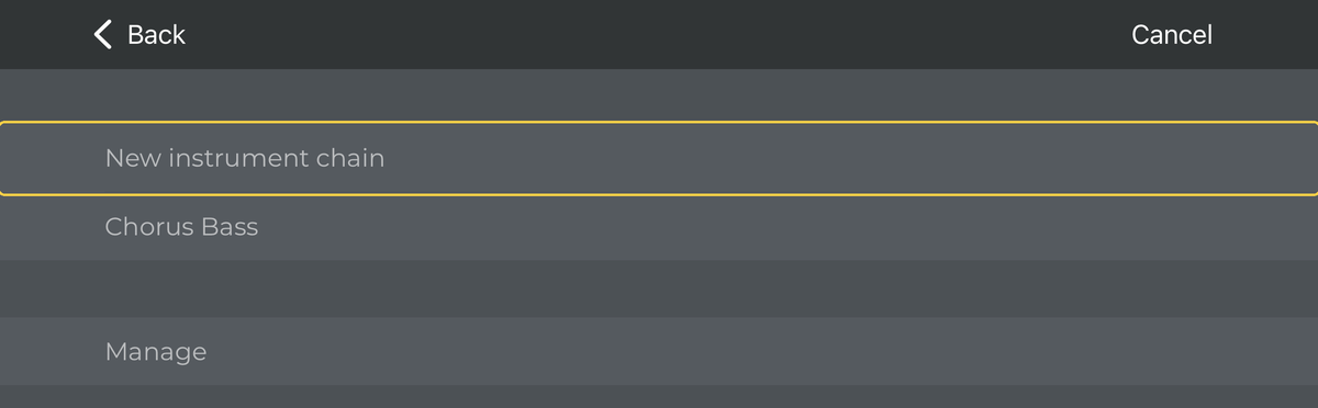 The Instruments chains list with New instrument chain highlighted