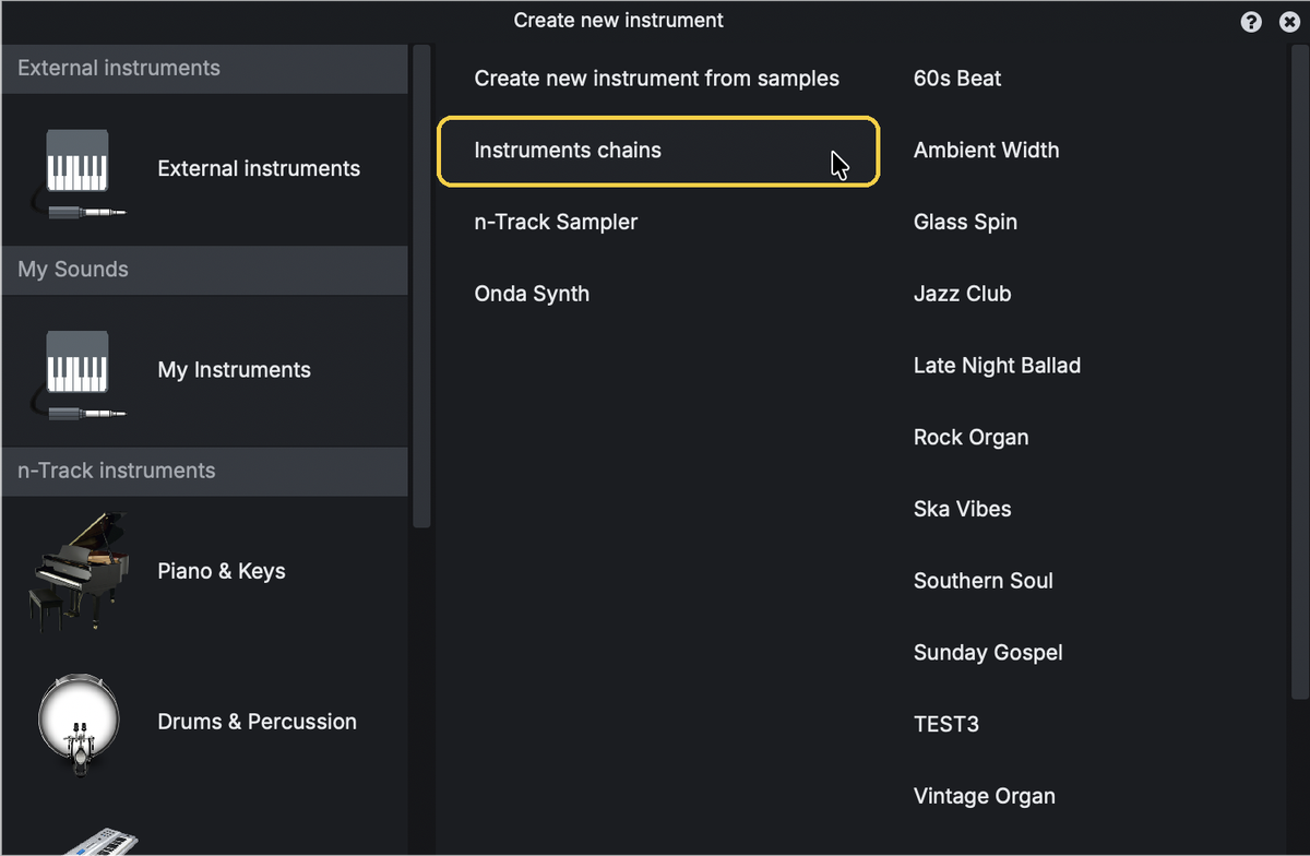 The Create new instrument window with Instruments chains highlighted