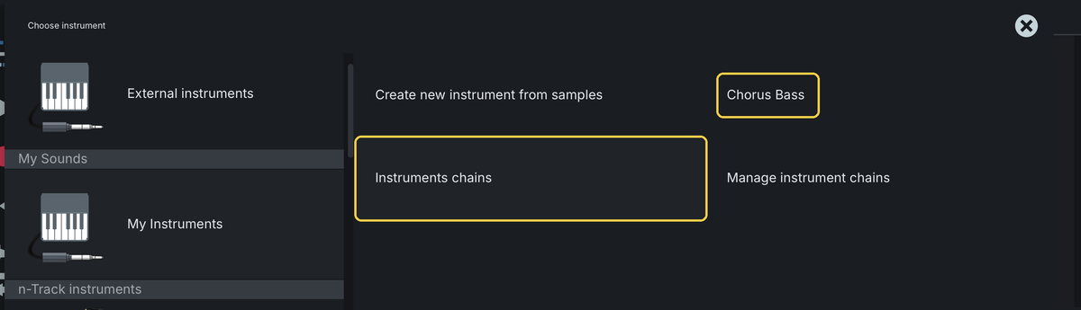 The Choose instrument window with Instruments chains and Chorus Bass highlighted