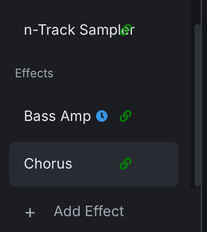 The effects list with green link icons next to each plug-in in the chain