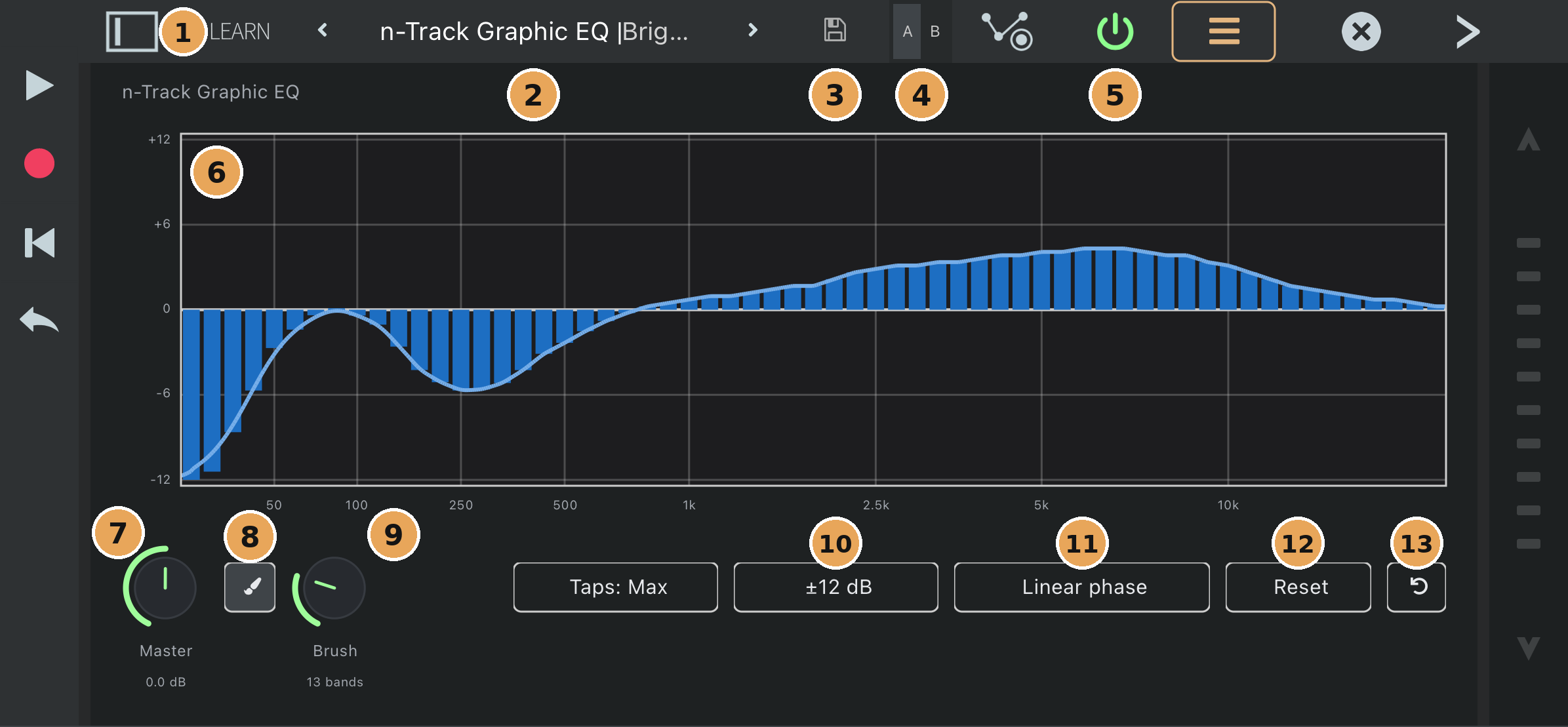 The Graphic EQ window with its controls numbered 1 to 14