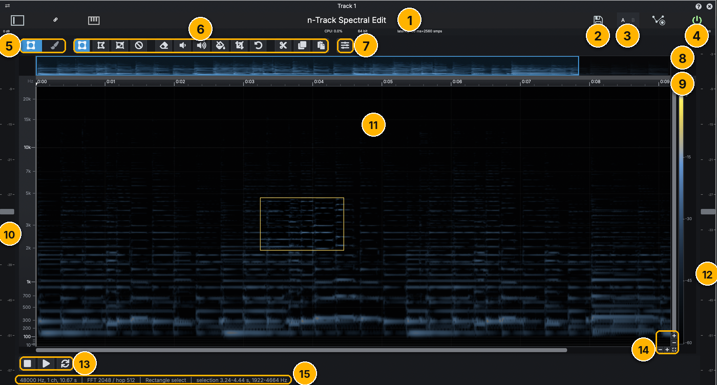 Spectral Edit on desktop, with its controls numbered 1 to 15