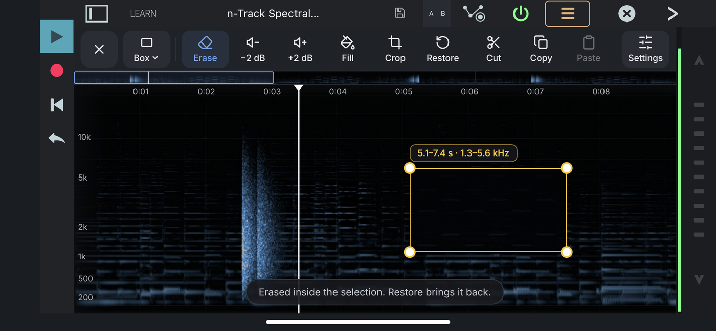 A selection on the spectrogram after Erase, with the actions in the toolbar and Erase highlighted
