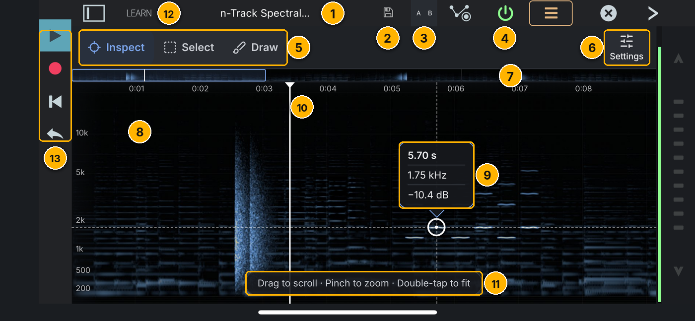 Spectral Edit in Inspect mode, with its controls numbered 1 to 13
