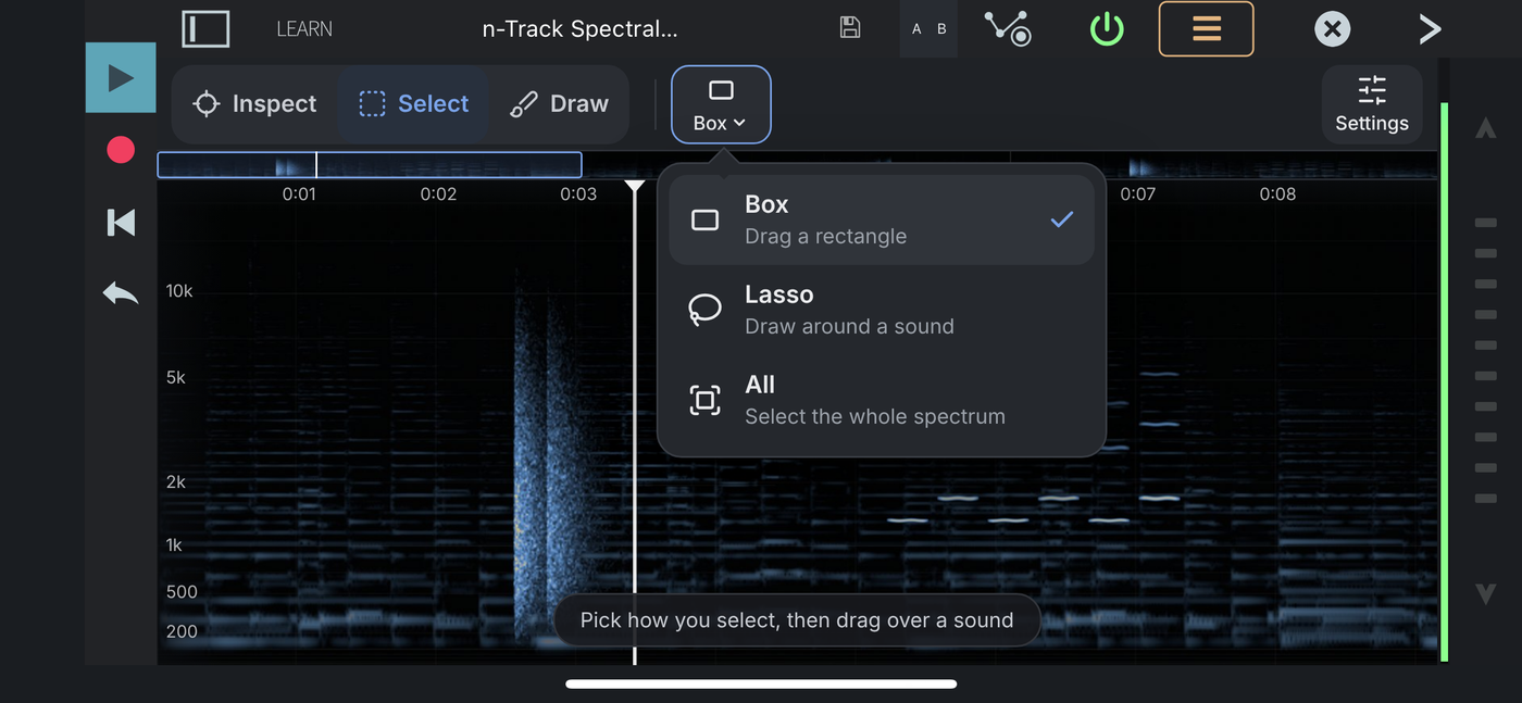 Select mode with the selection tool menu open, showing Box, Lasso and All