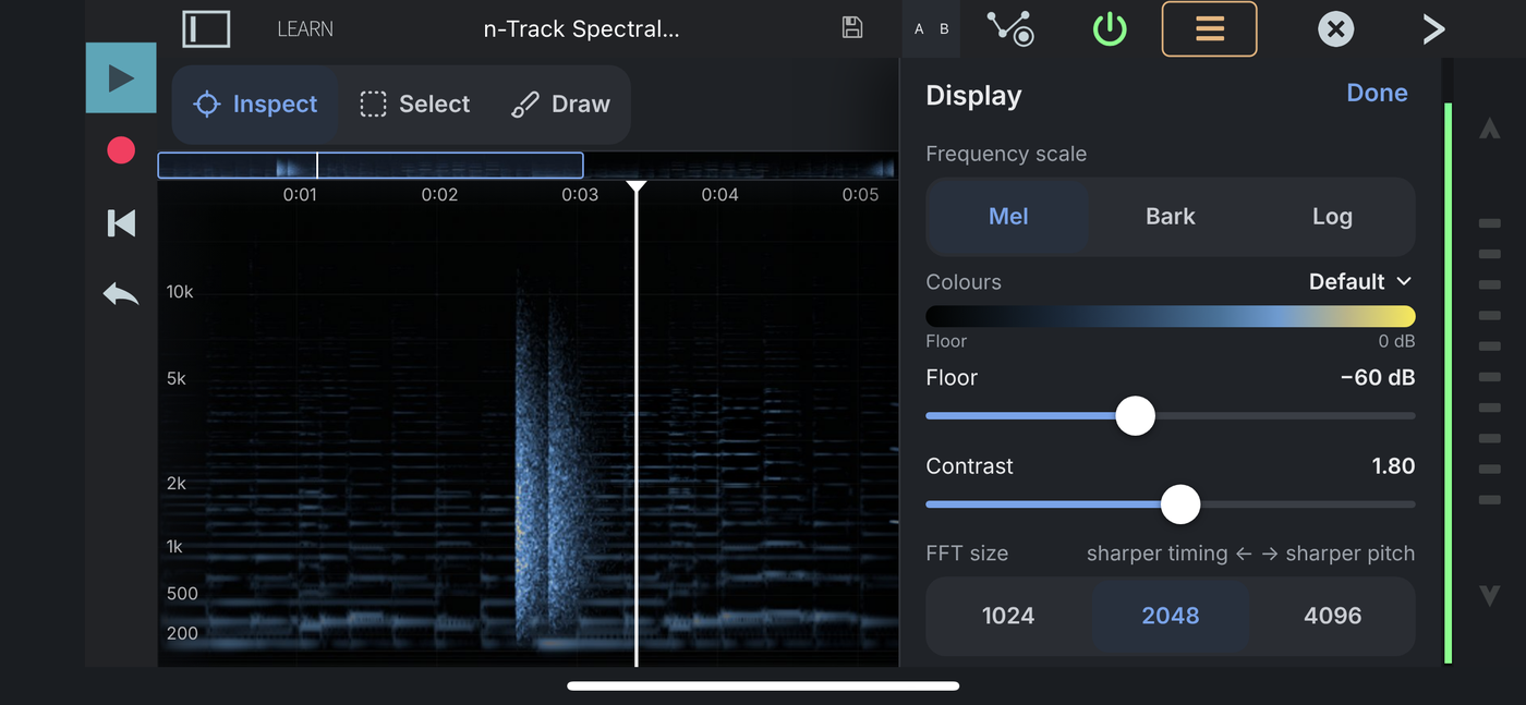 The display settings: frequency scale, colours, floor, contrast and FFT size