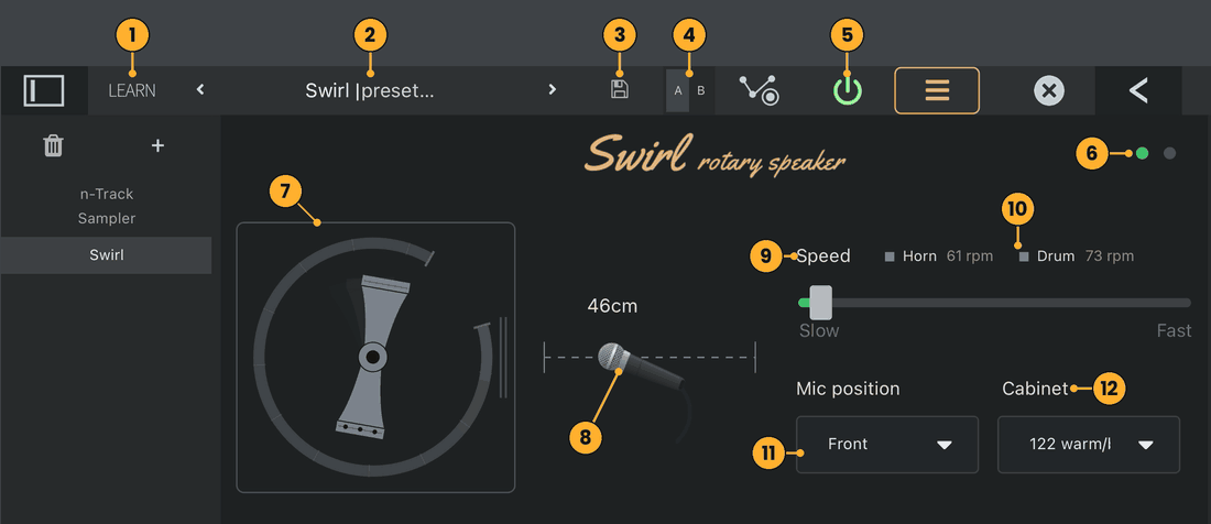 Swirl's first page with its controls numbered 1 to 12