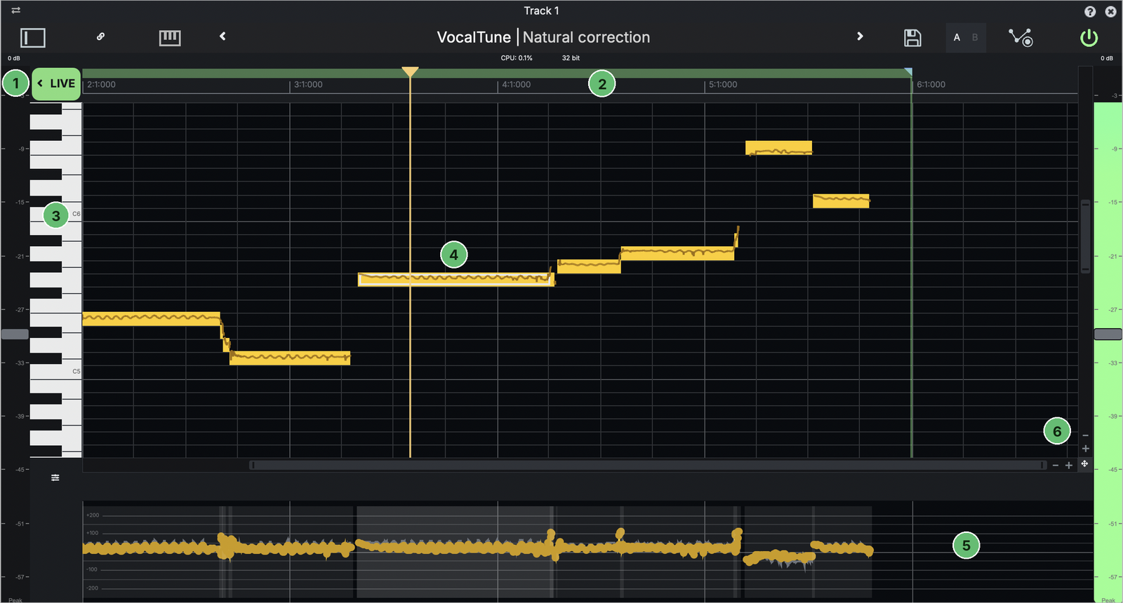 VocalTune Edit mode with its parts numbered 1 to 6