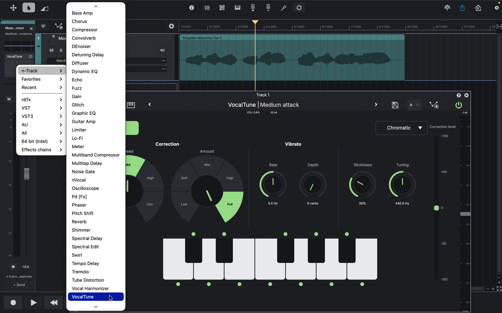VocalTune open on a track in n-Track Studio