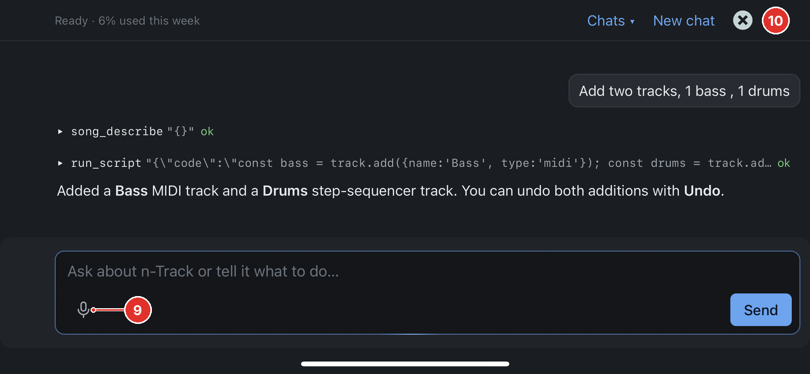 The AI Assistant on mobile with the microphone and close buttons numbered 9 and 10