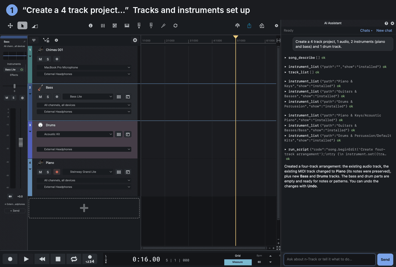 A song building up in n-Track as the AI Assistant follows three prompts